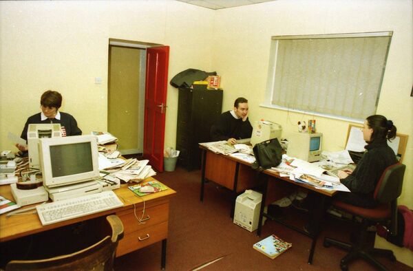 Marian on the left working in the old newsroom at the Michael Street office. Marian on the left working in the old newsroom at the Michael Street office.