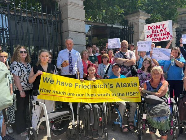 People with Friedreich's Ataxia protesting at The Dáil in July 2026. 