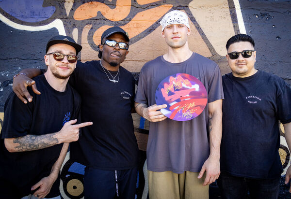  Recession Squad members Damo, Tobi,and Aaron, presented the winning disc to Varelas, 2nd time winner of 7 to Smoke dance battle, at the Pocket Park for Rhythm Walls as part of Waterford Walls 2026. Photo: Joe Evans