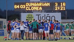 <p>Dungarvan players huddle together at the final whistle to take in the reality of relegation after defeat to Clonea in the JJ Kavanagh & Sons Senior Hurling Relegation Final clash which was played in Cappoquin Logistics Fraher Field. Photo: Eddie Dee</p> <p>Dungarvan players huddle together at the final whistle to take in the reality of relegation after defeat to Clonea in the JJ Kavanagh & Sons Senior Hurling Relegation Final clash which was played in Cappoquin Logistics Fraher Field. Photo: Eddie Dee</p>