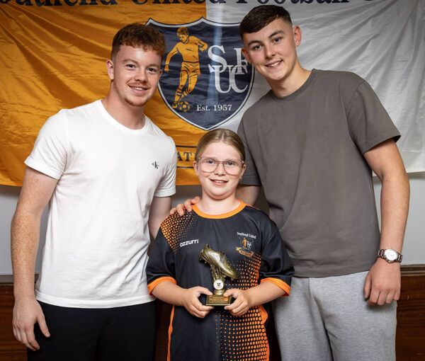 Nicole Phelan, received her U-10 Southend Utd. Most Improved Player award from Waterford FC players, Jason Healy and Sean Keane. Nicole Phelan, received her U-10 Southend Utd. Most Improved Player award from Waterford FC players, Jason Healy and Sean Keane.