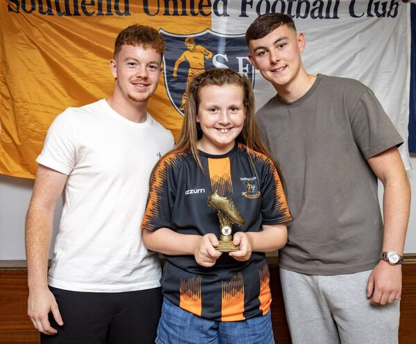 Hannah O'Mahony, received her U-11 Southend Utd. Most Improved Player award from Waterford FC players, Jason Healy and Sean Keane. Hannah O'Mahony, received her U-11 Southend Utd. Most Improved Player award from Waterford FC players, Jason Healy and Sean Keane.