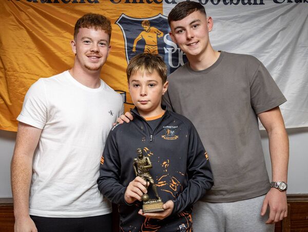 Shaun Swaby, received his U-12D Southend Utd. Player of the Year award from Waterford FC players, Jason Healy and Sean Keane. Shaun Swaby, received his U-12D Southend Utd. Player of the Year award from Waterford FC players, Jason Healy and Sean Keane.