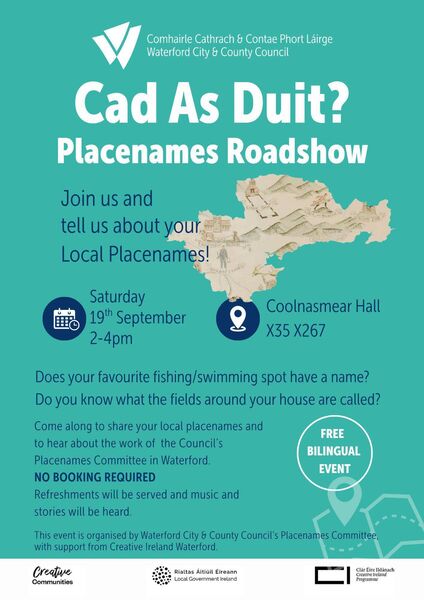 The placenames roadshow will take place at Coolnasmear Hall, Co Waterford, on Saturday, September 19 The placenames roadshow will take place at Coolnasmear Hall, Co Waterford, on Saturday, September 19
