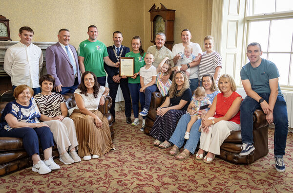  Pictured at City Hall for a Mayoral reception By Mayor of Waterford City &amp; County Cllr. Liam Brazil, for Niamh Sauvage and David Payne, in recongnition of their outstanding achievements at the 2026 European Kettlebell Championships, winning multiple gold, silver and bronze medals. Photo: Joe Evans