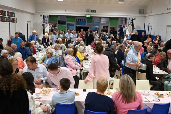 The packed Hall at Scoil Glor Na Mara National School as everyone gathers for a celebratory reception following Fr. Richards Silver Jubilee mass. Photo:Tina Schley