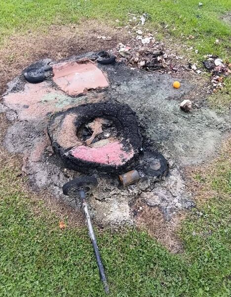 Remnants of a wheelie bin set alight in a Waterford City estate. Photo: Cllr Frank Quinlan