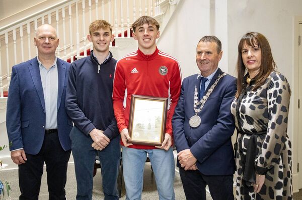 Mayor Cllr Liam Brazil, with Emmet Cusack, Emmet's parents Trevor and Jean and brother Darragh. Photo: Joe Evans Mayor Cllr Liam Brazil, with Emmet Cusack, Emmet's parents Trevor and Jean and brother Darragh. Photo: Joe Evans