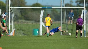 <p>Kilrossanty's Alan Dunwoody directs his penalty into the bottom left corner of Stephen Ryan's goal. </p>