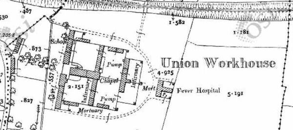 The Union Workhouse plan view (architects drawing), including the Fever Hospital.
