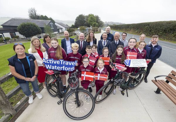 Danish delegates meet with WCCC Active Travel team, students and staff of Butlerstown National School and principal Maria O'Connor. Photo: Patrick Browne Danish delegates meet with WCCC Active Travel team, students and staff of Butlerstown National School and principal Maria O'Connor. Photo: Patrick Browne