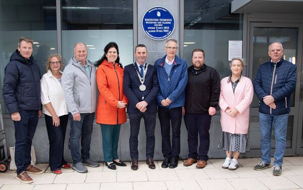 Mayor Of Waterford city & County Cllr. Liam Brazil at the unveiling of a Civic Trust Blue Plaque at Waterford and Tramore Railway Waterford Terminus. Included are Cllr's David Daniels, Jim Griffin, Joeanne Bailey and Donal Barry, Rose Ryall, Executive Conservation Officer Waterford City and County Council, Bernadette Guest, Heritage Officer, WC&CC, Eugene Broderick, Chair, Waterford Civic Trust and Cian Manning, Waterford Civic Trust. Photo: John Power Mayor Of Waterford city & County Cllr. Liam Brazil at the unveiling of a Civic Trust Blue Plaque at Waterford and Tramore Railway Waterford Terminus. Included are Cllr's David Daniels, Jim Griffin, Joeanne Bailey and Donal Barry, Rose Ryall, Executive Conservation Officer Waterford City and County Council, Bernadette Guest, Heritage Officer, WC&CC, Eugene Broderick, Chair, Waterford Civic Trust and Cian Manning, Waterford Civic Trust. Photo: John Power