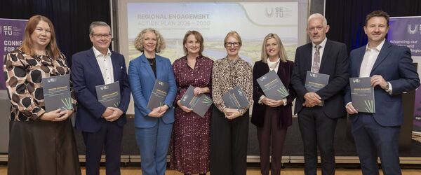 Pictured at the launch of 'Connecting our Region through Partnerships with People and Place 2026-2030’, were, from left: Elizabeth Whyte, Executive Director of Wexford Arts Centre, Irial Mac Murchú, Chief Executive of Nemeton TV, Claire McGee, CEO of the Technological Universities Association (TUA), Kathryn Kiely, Vice-President for External Affairs, Professor Veronica Campbell, SETU President, Niamh Nolan, External Affairs Coordinator, Dr Richard Hayes, Vice President for Strategy, and Liam Dunne, CEO of Klearcom. Photo: Patrick Browne Pictured at the launch of 'Connecting our Region through Partnerships with People and Place 2026-2030’, were, from left: Elizabeth Whyte, Executive Director of Wexford Arts Centre, Irial Mac Murchú, Chief Executive of Nemeton TV, Claire McGee, CEO of the Technological Universities Association (TUA), Kathryn Kiely, Vice-President for External Affairs, Professor Veronica Campbell, SETU President, Niamh Nolan, External Affairs Coordinator, Dr Richard Hayes, Vice President for Strategy, and Liam Dunne, CEO of Klearcom. Photo: Patrick Browne