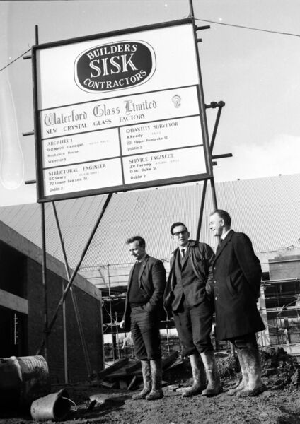 N. Flynn, general foreman, J. O'Brien, Clerk of Work and W. F. Slone, Contracts Manager, at the building of the new Waterford Glass Factory at Kilbarry in 1967. Photo sourced by Joe Evans N. Flynn, general foreman, J. O'Brien, Clerk of Work and W. F. Slone, Contracts Manager, at the building of the new Waterford Glass Factory at Kilbarry in 1967. Photo sourced by Joe Evans