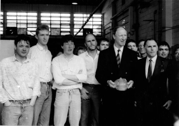 Irish soccer manager Jack Charlton 1991 visit to Waterford Crystal. Photo sourced by Joe Evans Irish soccer manager Jack Charlton 1991 visit to Waterford Crystal. Photo sourced by Joe Evans