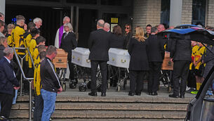 <p>Four coffins of Philip and Kim English and their sons, Jayden and Callum, are carried into Sacred Heart Church, The Folly, Waterford, ahead of their funeral on Monday, after they died in an arson attack on their home in Waterford.</p> <p>Four coffins of Philip and Kim English and their sons, Jayden and Callum, are carried into Sacred Heart Church, The Folly, Waterford, ahead of their funeral on Monday, after they died in an arson attack on their home in Waterford.</p>