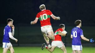 <p>Clashmore/Kinsalebeg's Sam Fitzgerald jumps for joy at the final whistle as his side are one game away from playing senior football next season after extra time win over Mount Sion in the Cappoquin Logistics Premier Intermediate Football semi-final at Lemybrien on Saturday last. Photos: Eddie Dee</p>