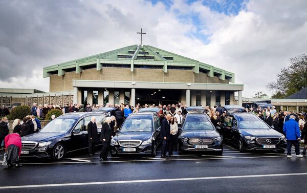 Four hearses carrying the four members of the English family at the Sacred Heart Church in Waterford. Photo: Joe Evans Four hearses carrying the four members of the English family at the Sacred Heart Church in Waterford. Photo: Joe Evans