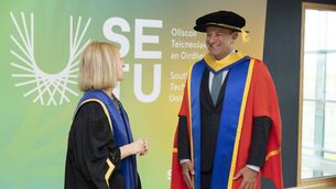 <p>Former Taoiseach, Leo Varadkar with Professor Veronica Campbell, SETU President.</p>