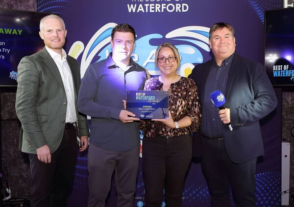 The winner of the Best Takeaway award at the Best of Waterford awards in The Reg Waterford was Massimo's, accepted by Roberto Favoccia and Daniela Taglienti. Also included were David Walsh (Local Enterprise Office, Waterford) and John Keane (WLR). 	Photo: Noel Browne
