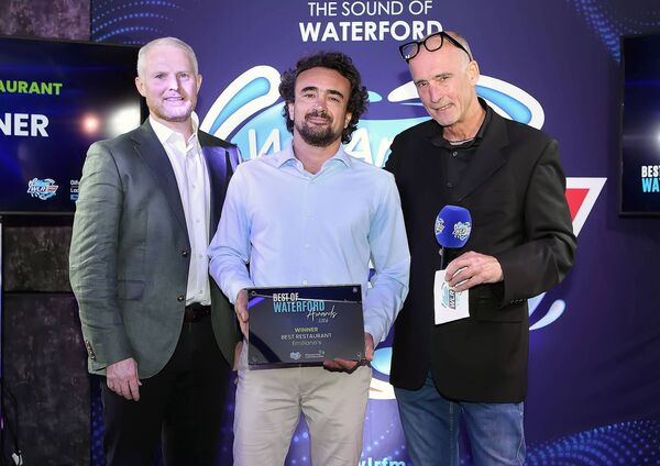 The winner of the Best Restaurant award at the Best of Waterford awards in The Reg Waterford was Emilanos, accepted by Emiliano Cislaghi. Also included were David Walsh (Local Enterprise Office, Waterford) and Andy McCloskey (WLR). 	Photo: Noel Browne