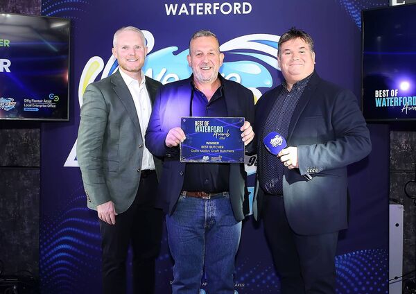 The winner of the Best Butcher award at the Best of Waterford awards was Colin Molloy Craft Butchers, Colin Molloy accepted the award. Also included were David Walsh (Local Enterprise Office, Waterford) and John Keane (WLR). 	Photo: Noel Browne